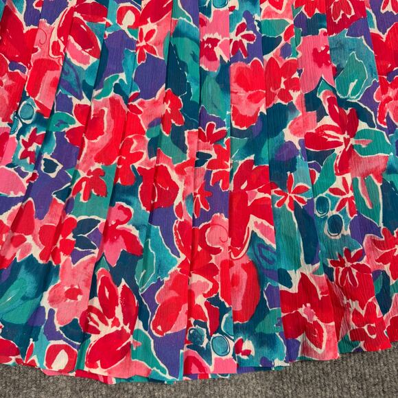 Vintage Leslie Fay Sz 10 Pleated A Line Midi Swing Skirt Red Floral Full Length - Picture 3 of 8